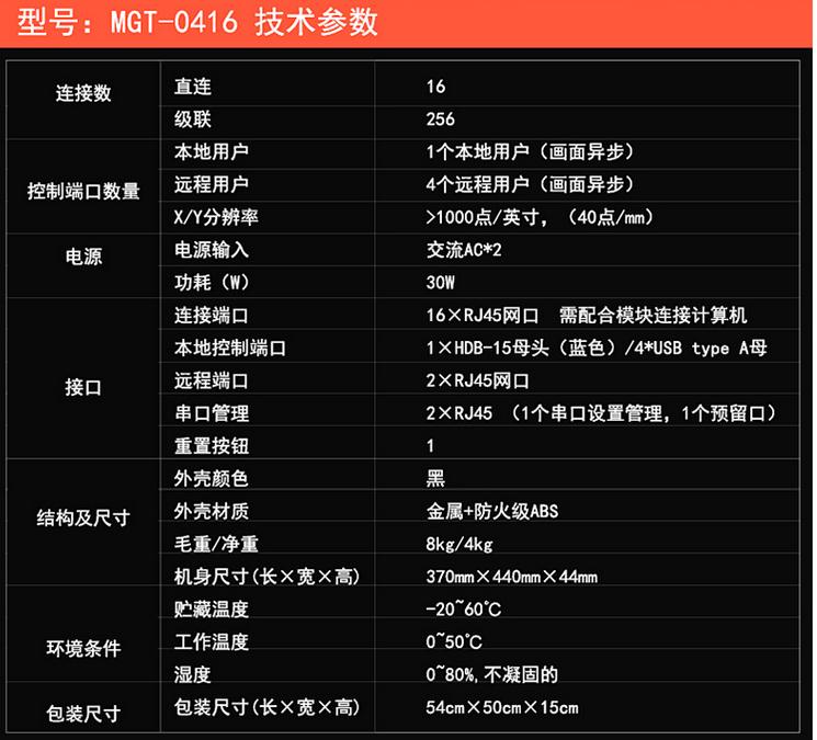 MGT-0416一本地4遠(yuǎn)程16口矩陣式kvm交換機(jī)技術(shù)參數(shù)