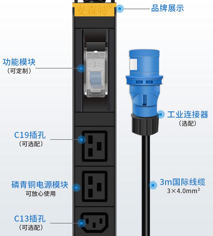 麥森特（Maxcent）PDU機柜插座 單P空開 32A電源10位C13+2位C19 細(xì)節(jié)展示